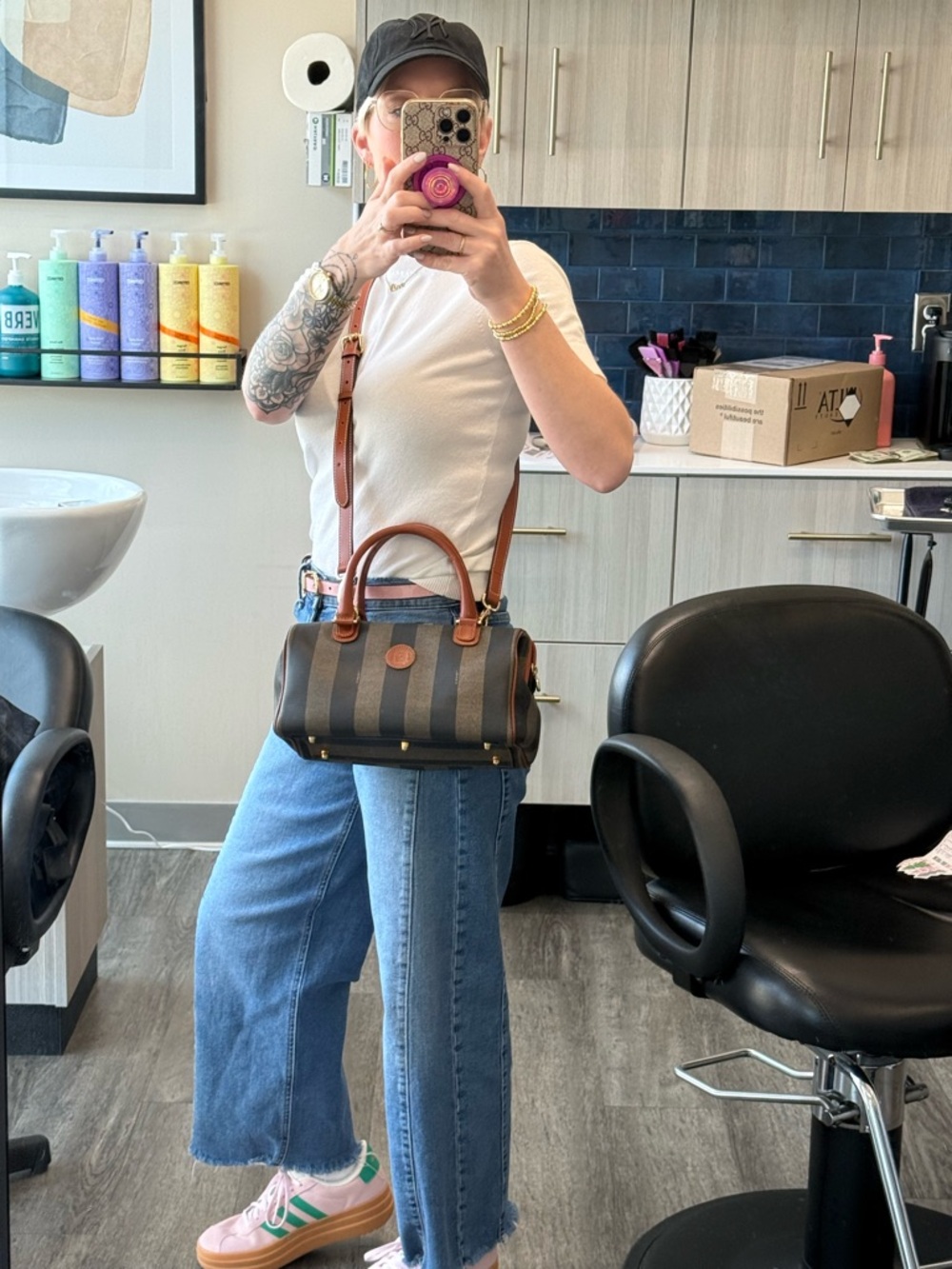 Fendi Brown and Black Striped Canvas Shoulder Bag with Tan Leather Trim - Picture 16 of 16